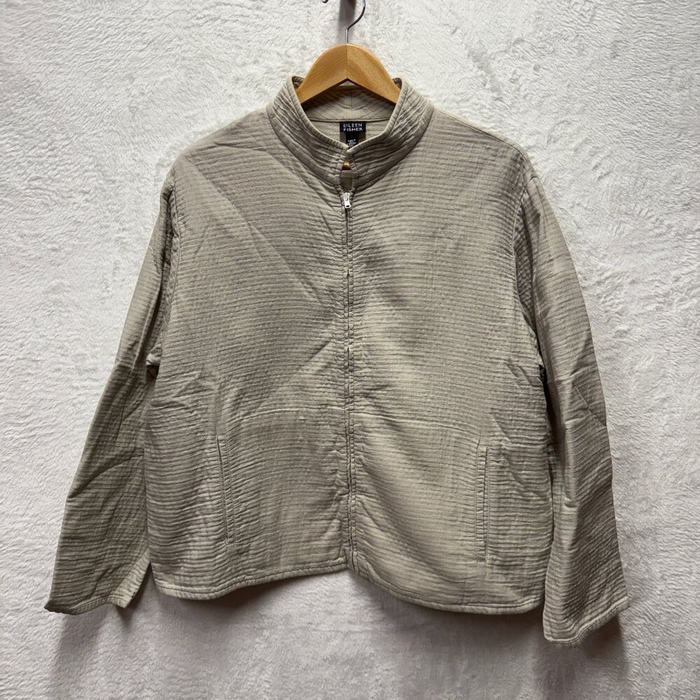 Eileen‎ Fisher Jacket Womens Large Beige Crinkle Gauze Texture Mock Neck Outdoor
